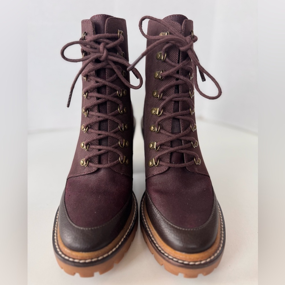 Tory Burch Miller Burgundy Canvas Lug Sole Lace Up Heel Boots Women’s size 8 - Picture 3 of 11